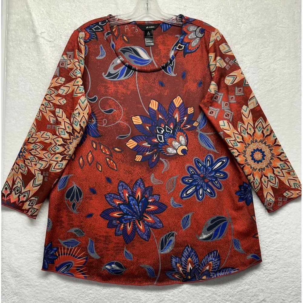 Ali Miles Womens SizeM Brown Red Long Sleeve Pullover Printed Top (M9)